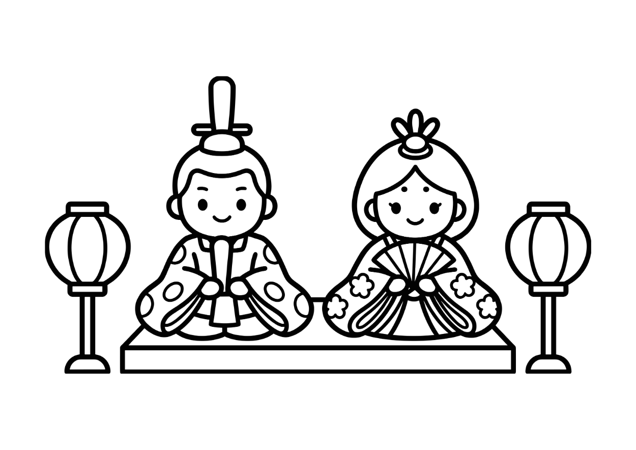 ひな人形の無料ダウンロードできる塗り絵｜白黒・フリー画像素材・背景透過
