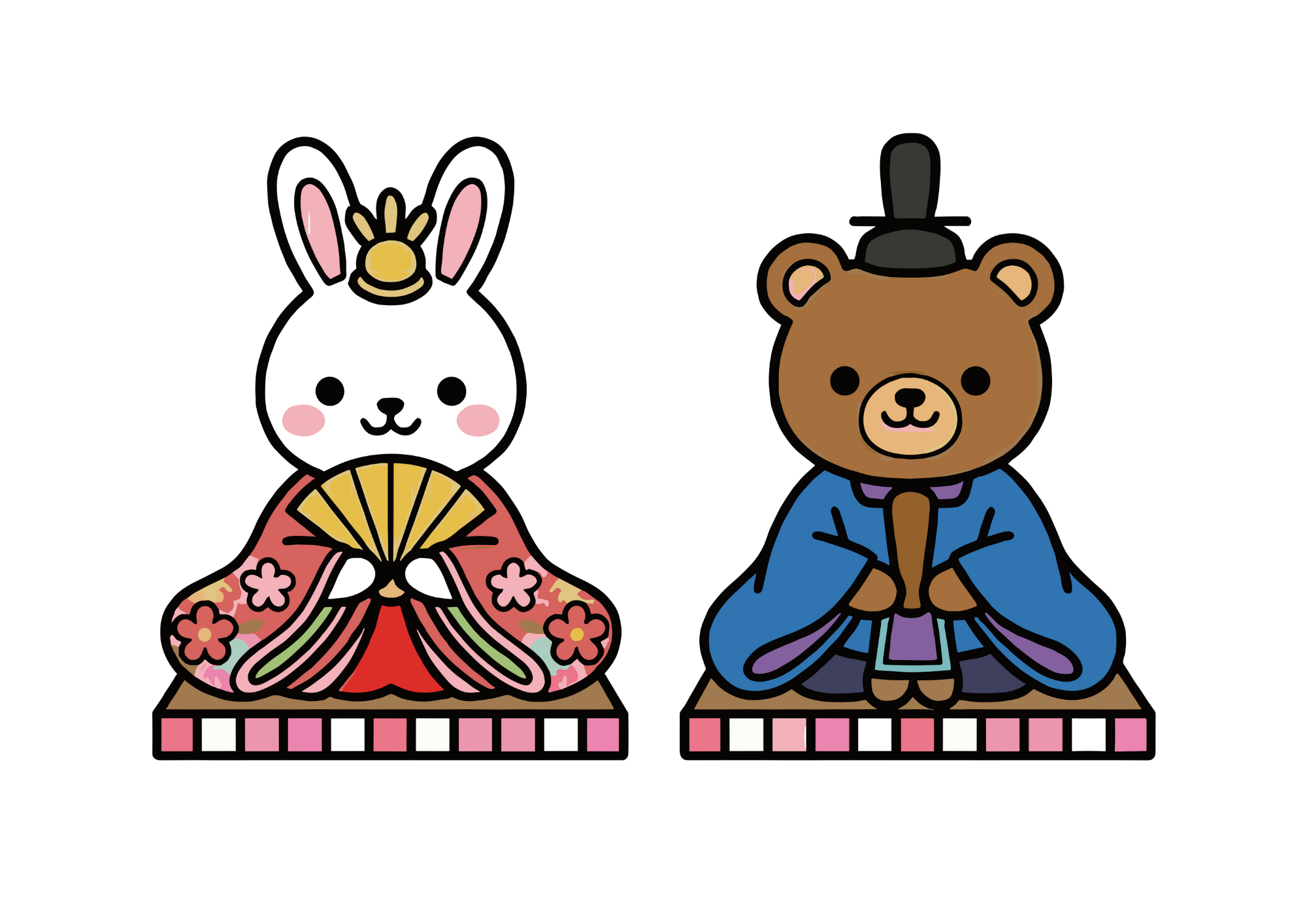 ひな祭りの見本塗り絵イラスト｜うさぎとくまの雛人形・無料ダウンロードできるフリー画像素材（背景透過）