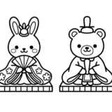 ひな祭りの塗り絵画像｜うさぎとくまの雛人形・無料ダウンロードできる白黒イラスト素材（背景透過）