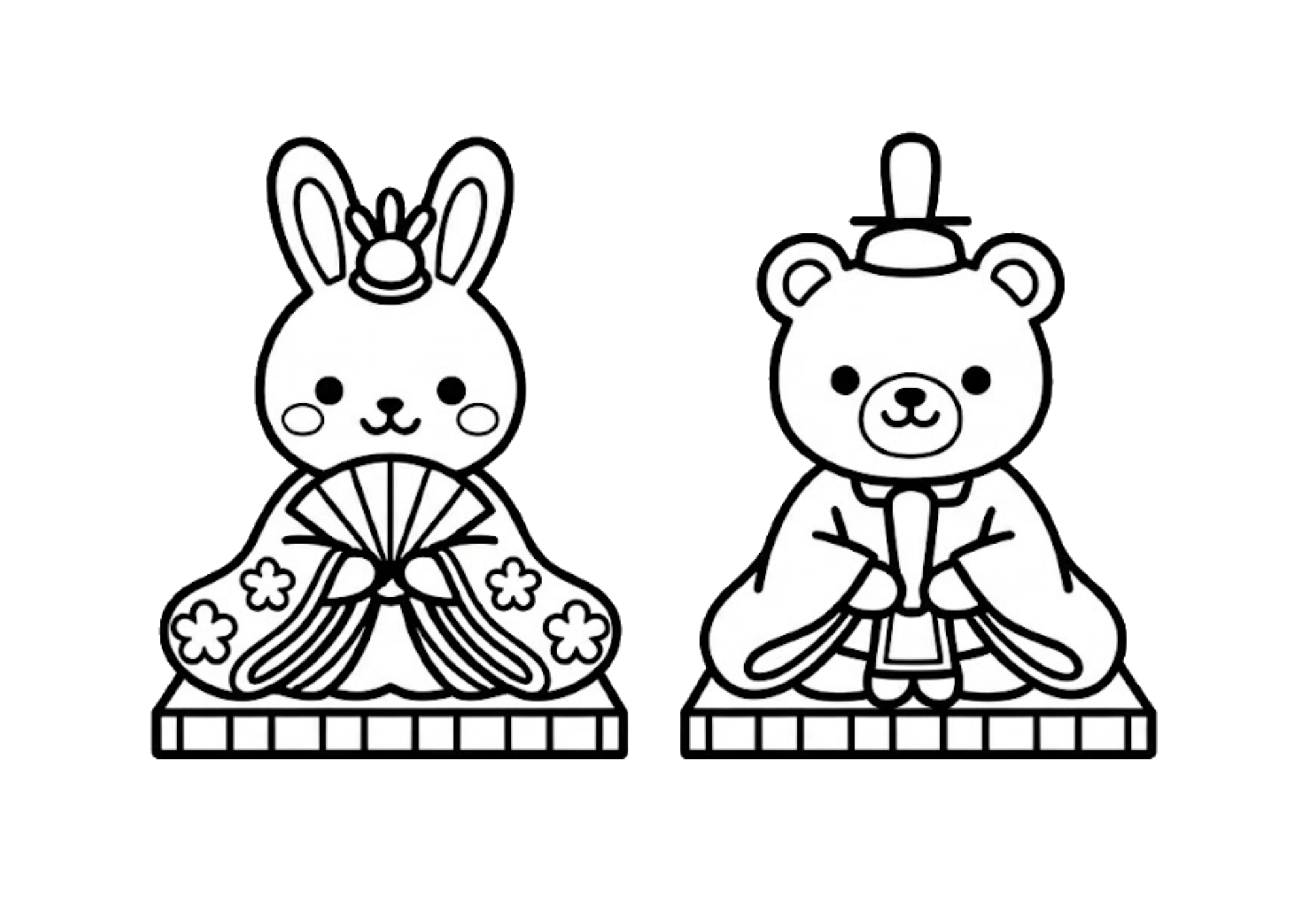 ひな祭りの塗り絵画像｜うさぎとくまの雛人形・白黒イラストのフリー素材（背景透過）