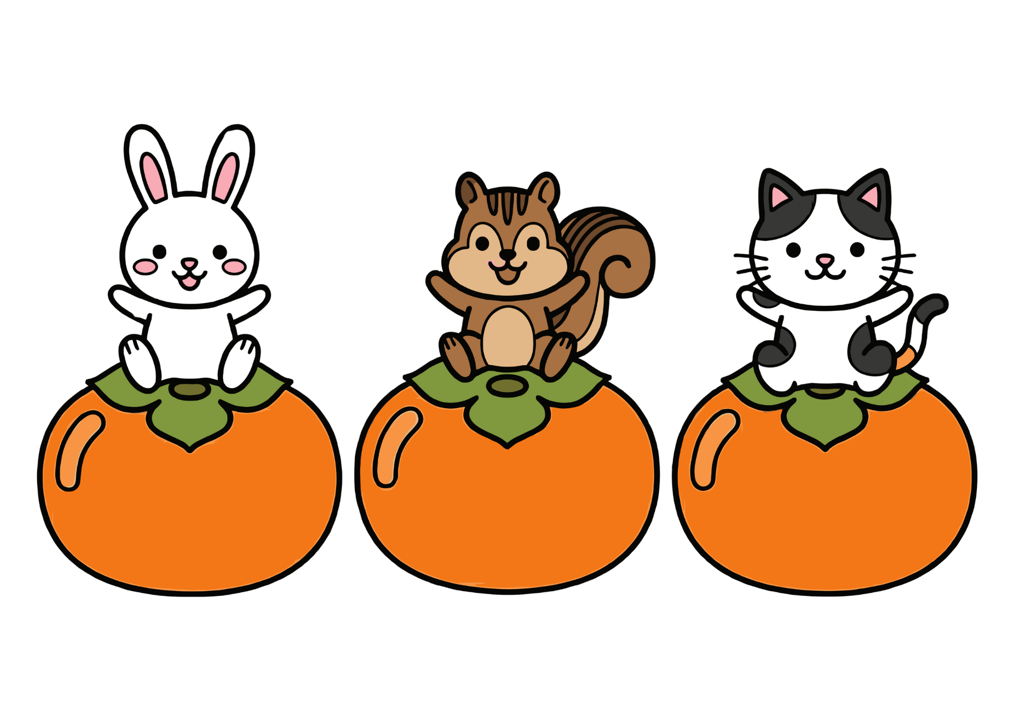 秋の柿にのったうさぎ・りす・ねこの塗り絵イラスト｜無料ダウンロードできるフリー画像素材
