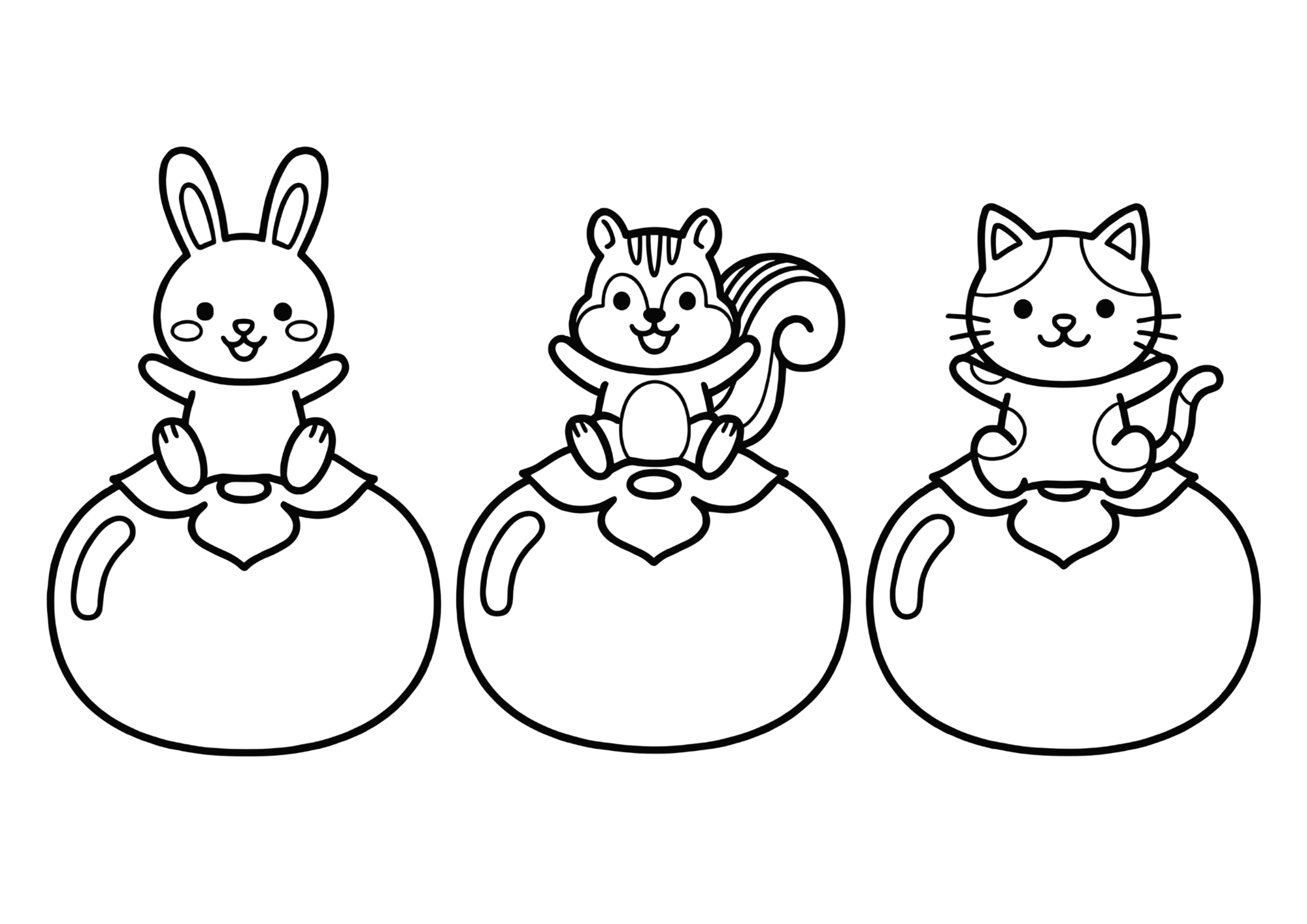 柿の上に座る動物たちの塗り絵画像｜無料ダウンロード可能な白黒イラスト素材