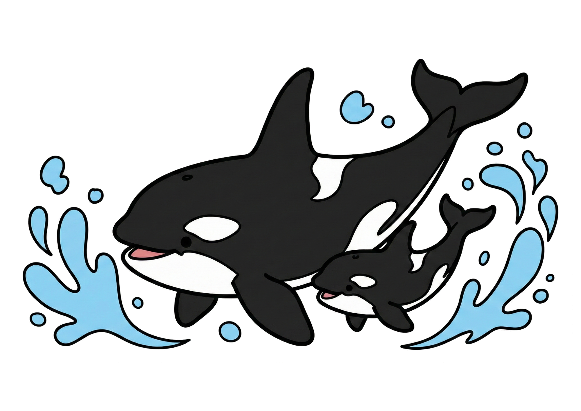 親子で泳ぐシャチのイラスト｜無料ダウンロードできる白黒フリー画像素材（背景透過）