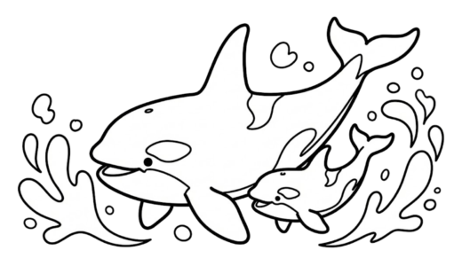 親子のシャチの塗り絵イラスト｜無料ダウンロードできる白黒フリー画像素材