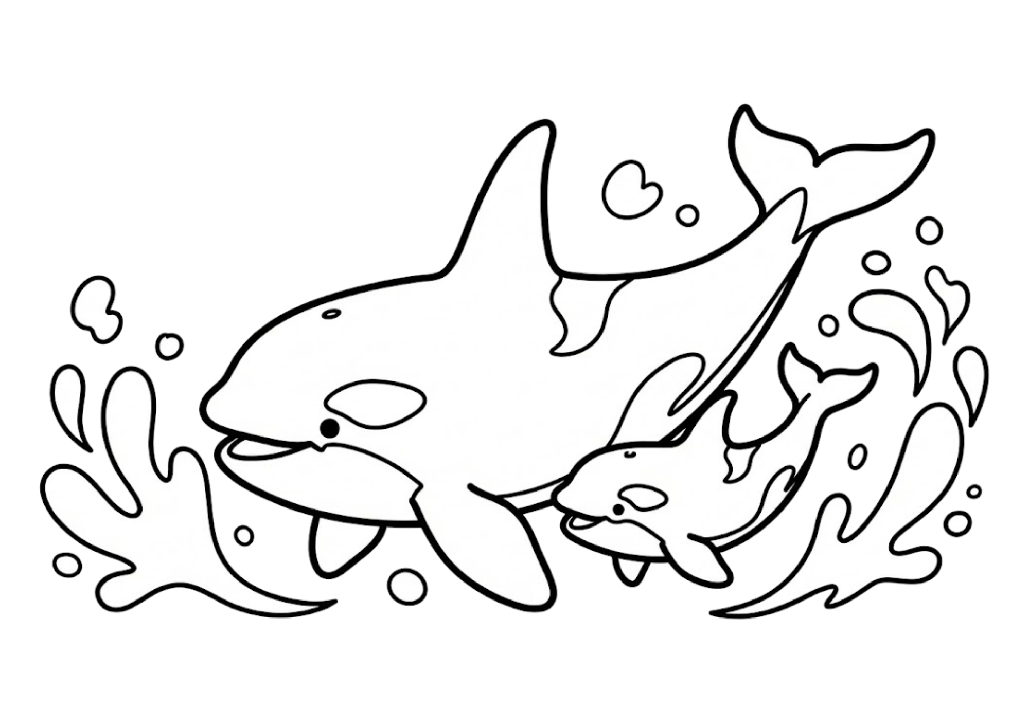 親子のシャチの塗り絵画像｜無料ダウンロードできる白黒イラスト素材（背景透過）
