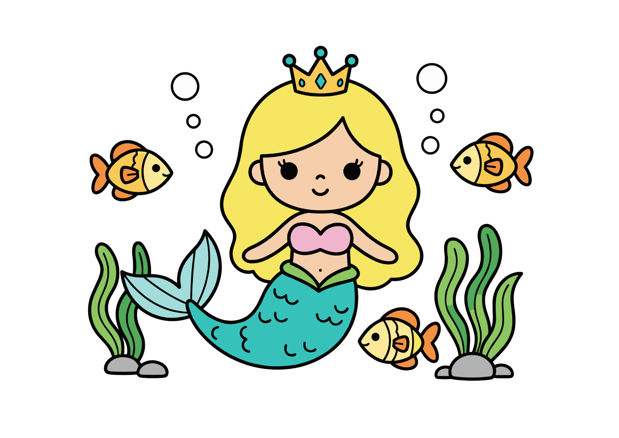 無料でダウンロードできる人魚姫の塗り絵イラスト見本｜白黒・太線・背景透過のフリー画像素材