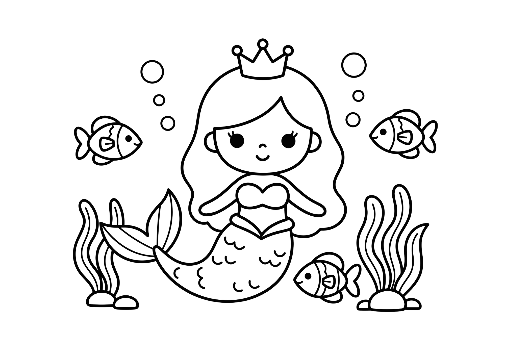 無料でダウンロードできる人魚姫の塗り絵画像｜白黒・太線・背景透過のフリー画像素材