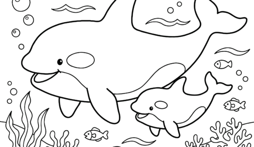 かわいい親子シャチのぬりえ｜無料で使える塗り絵イラストフリー画像素材