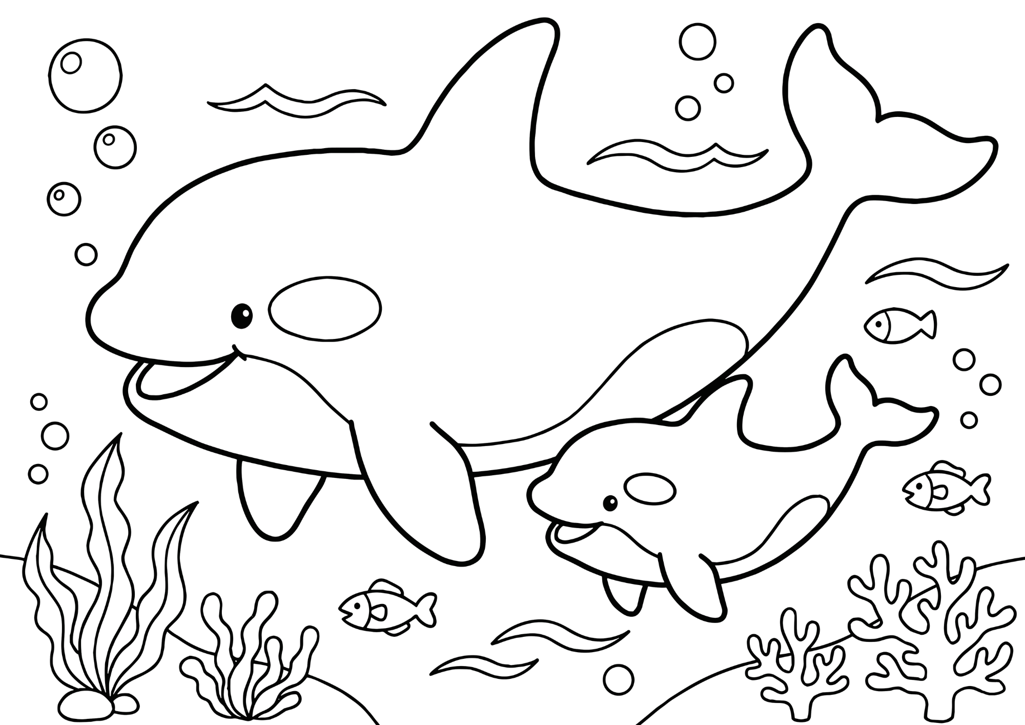 幼児向け親子シャチの塗り絵無料ダウンロード白黒イラストフリー画像素材 背景透過