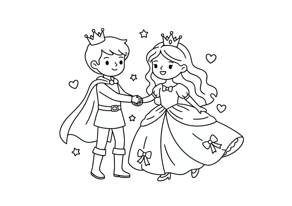 無料でダウンロードできる王子とお姫様の塗り絵画像｜白黒・太線・背景透過のフリー画像素材