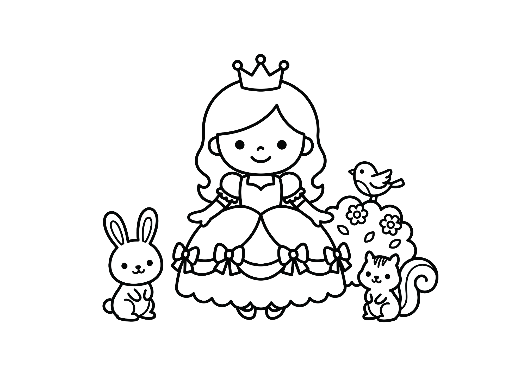 無料 ダウンロード 塗り絵 白黒 イラスト フリー画像 素材 背景透過 プリンセス アニマル