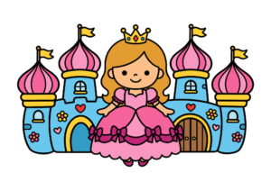 無料でダウンロードできるプリンセスとお城の塗り絵イラスト｜白黒・太線・幼児向けフリー画像素材（背景透過）