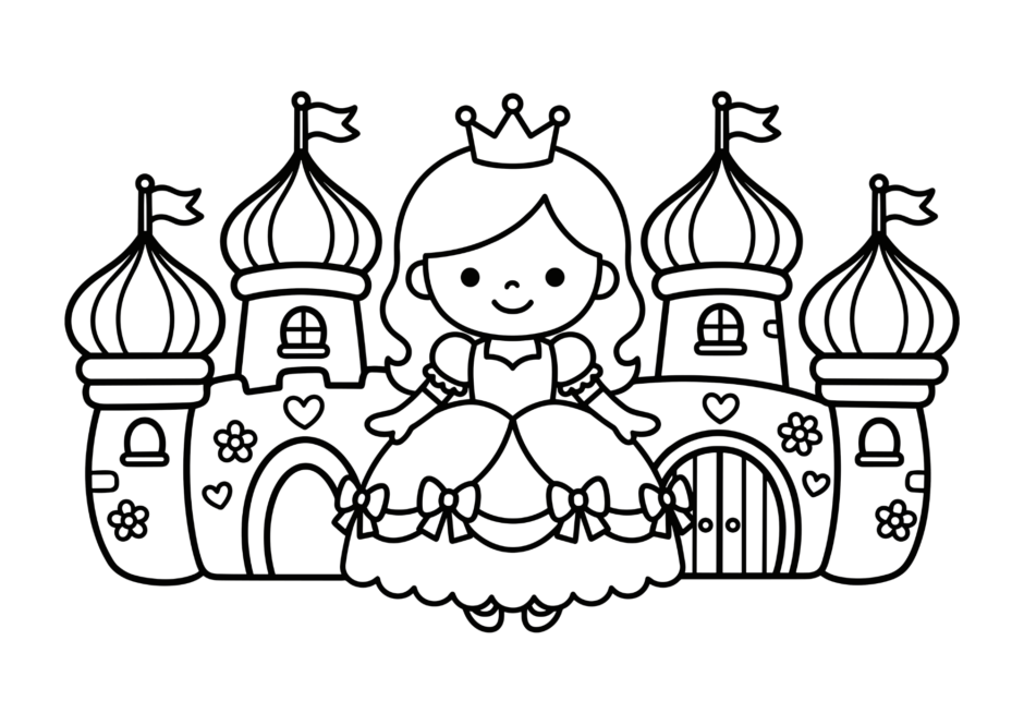 無料でダウンロードできるプリンセスとお城の塗り絵イラスト｜白黒・太線・幼児向けフリー画像素材（背景透過）