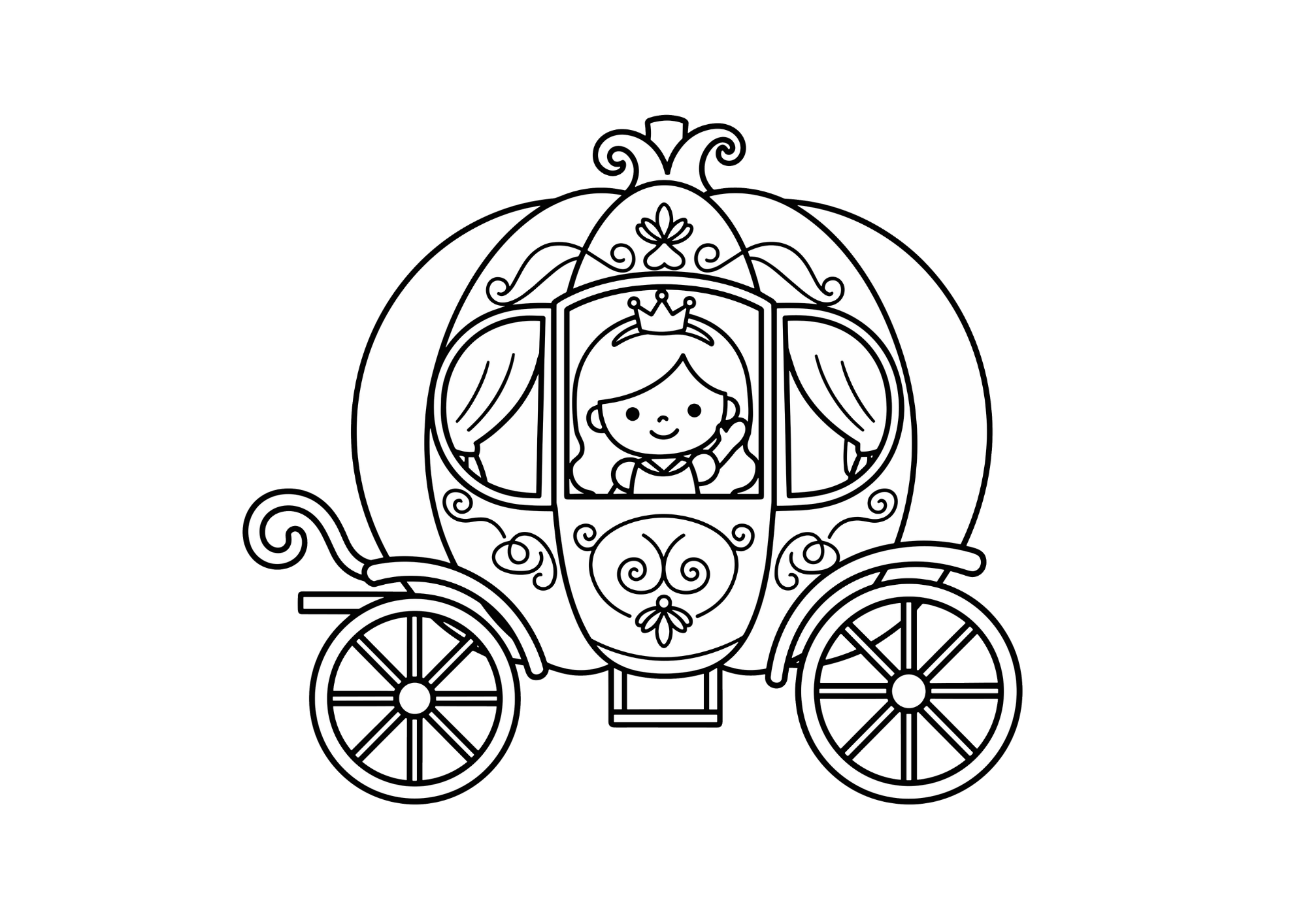 無料 ダウンロード 塗り絵 白黒 イラスト フリー画像 素材 背景透過 かぼちゃの馬車 プリンセス