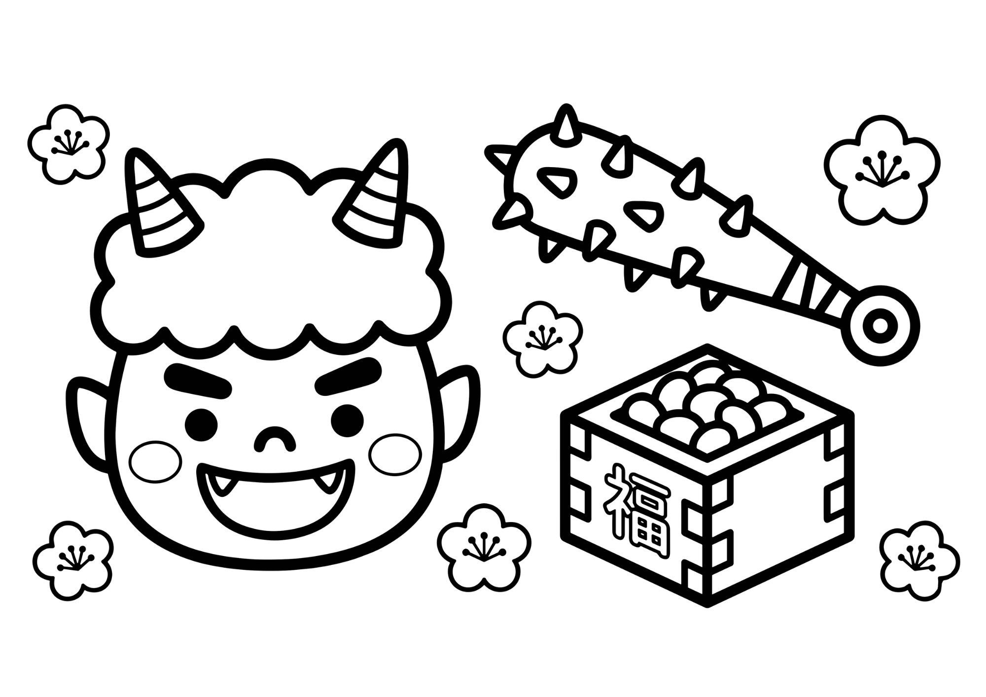 節分の鬼の塗り絵画像｜無料ダウンロードできる白黒イラストのフリー画像素材（背景透過）