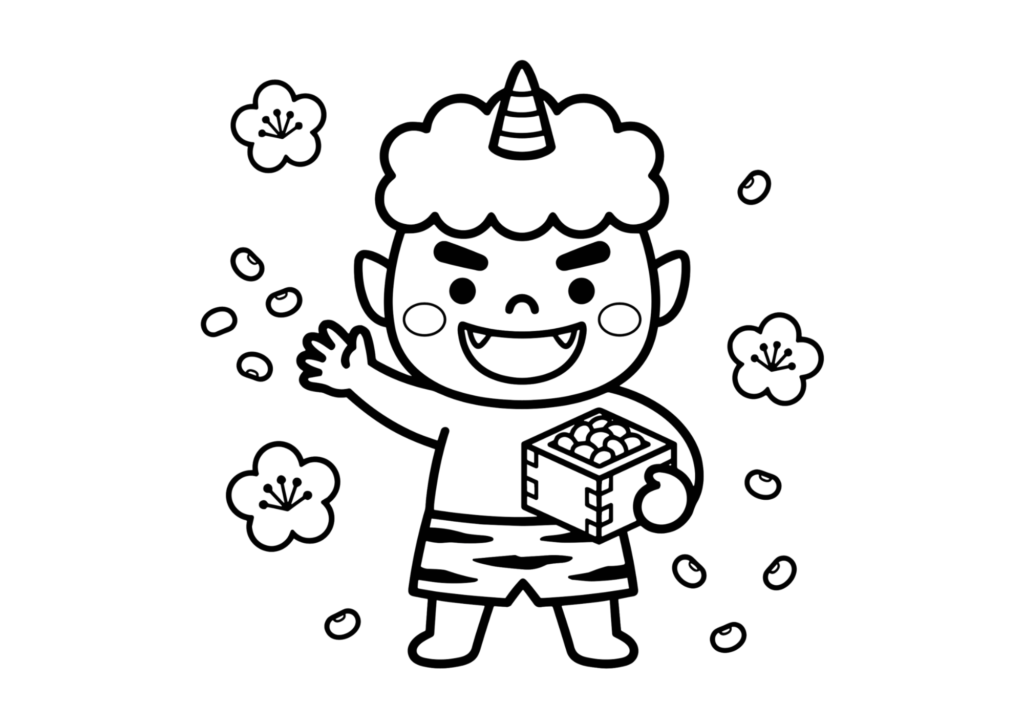 節分の塗り絵：かわいい赤鬼の白黒線画｜無料のフリー素材・レクリエーション用