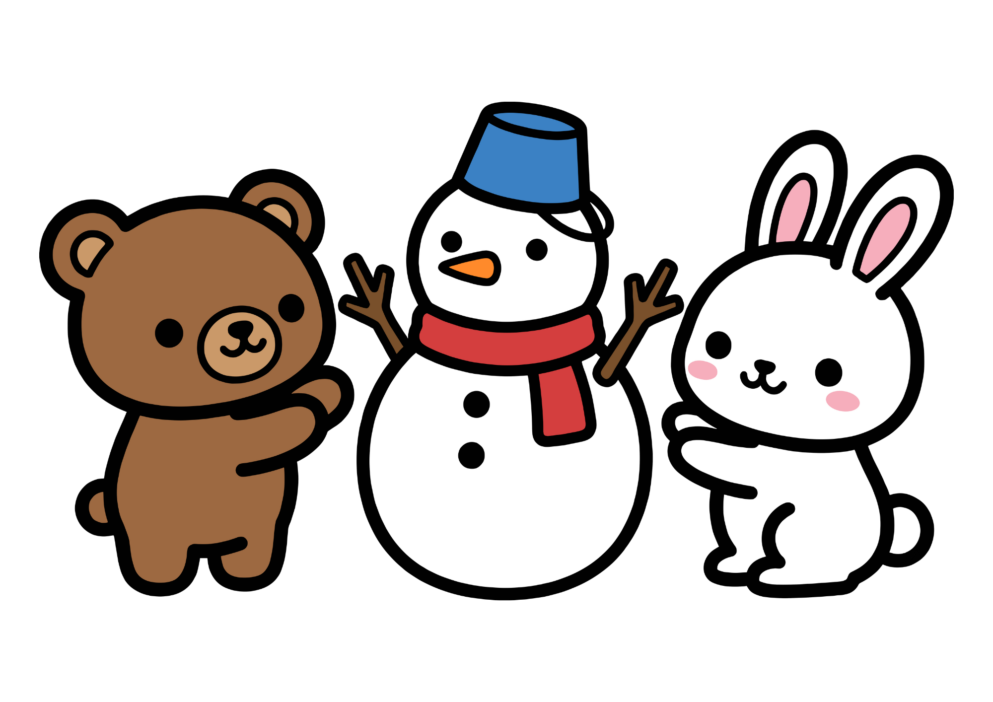 くまと、うさぎと、雪だるまの見本画像｜無料ダウンロードできるイラストのフリー画像素材（背景透過）