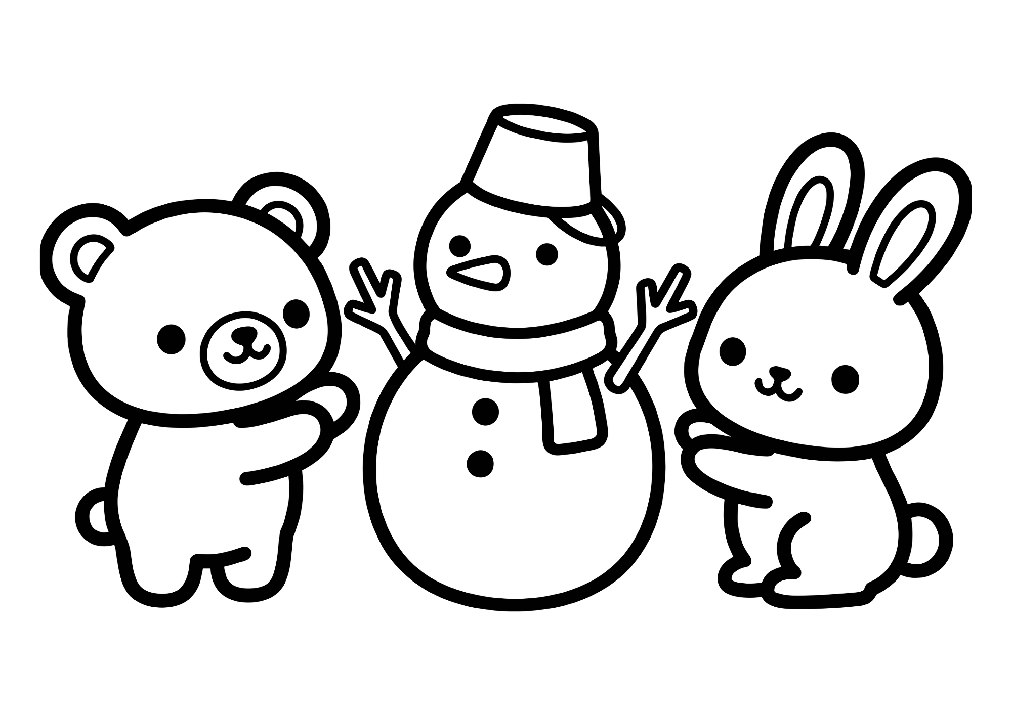 くまと、うさぎと、雪だるまの塗り絵画像｜無料ダウンロードできる白黒イラストのフリー画像素材（背景透過）