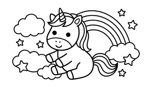 ユニコーンの塗り絵イラスト無料配布｜幼児向け・虹と雲のフリー画像素材