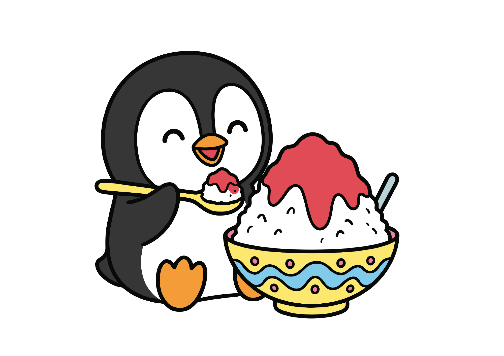 ペンギンとかき氷の塗り絵見本画像｜無料ダウンロードできる子供向け夏イラストフリー画像素材 背景透過