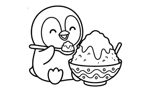 ペンギンとかき氷の塗り絵イラスト｜子供向け夏の無料ダウンロードフリー画像素材