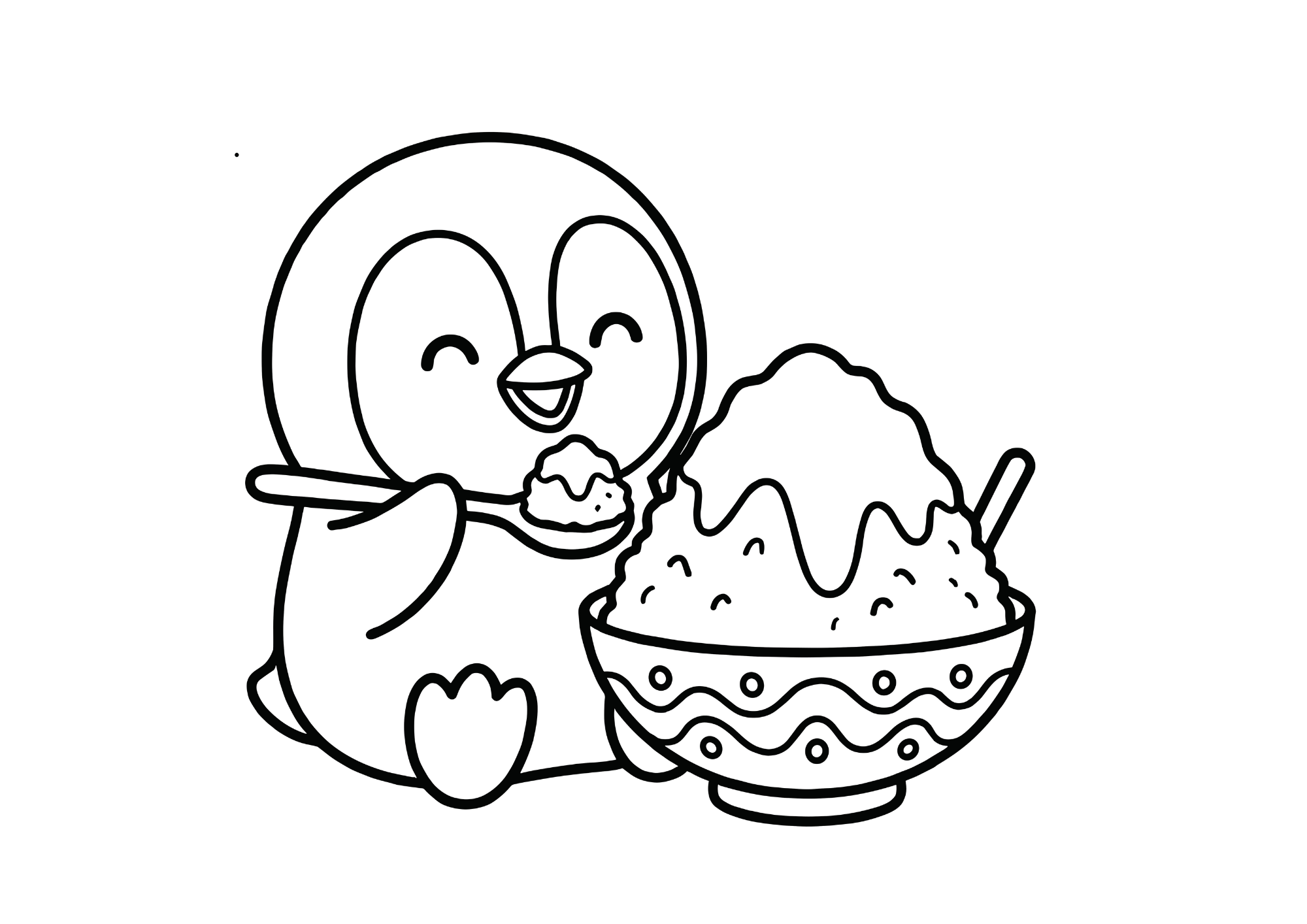 ペンギンとかき氷の塗り絵画像｜無料ダウンロードできる子供向け夏の白黒塗り絵イラストフリー素材 背景透過