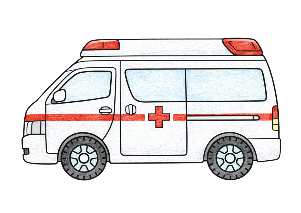 救急車の塗り絵カラー見本、十字マーク付きはたらく車・子供向け無料イラスト