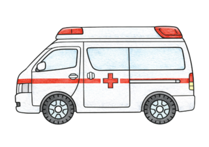 救急車の塗り絵カラー見本、十字マーク付きはたらく車・子供向け無料イラスト