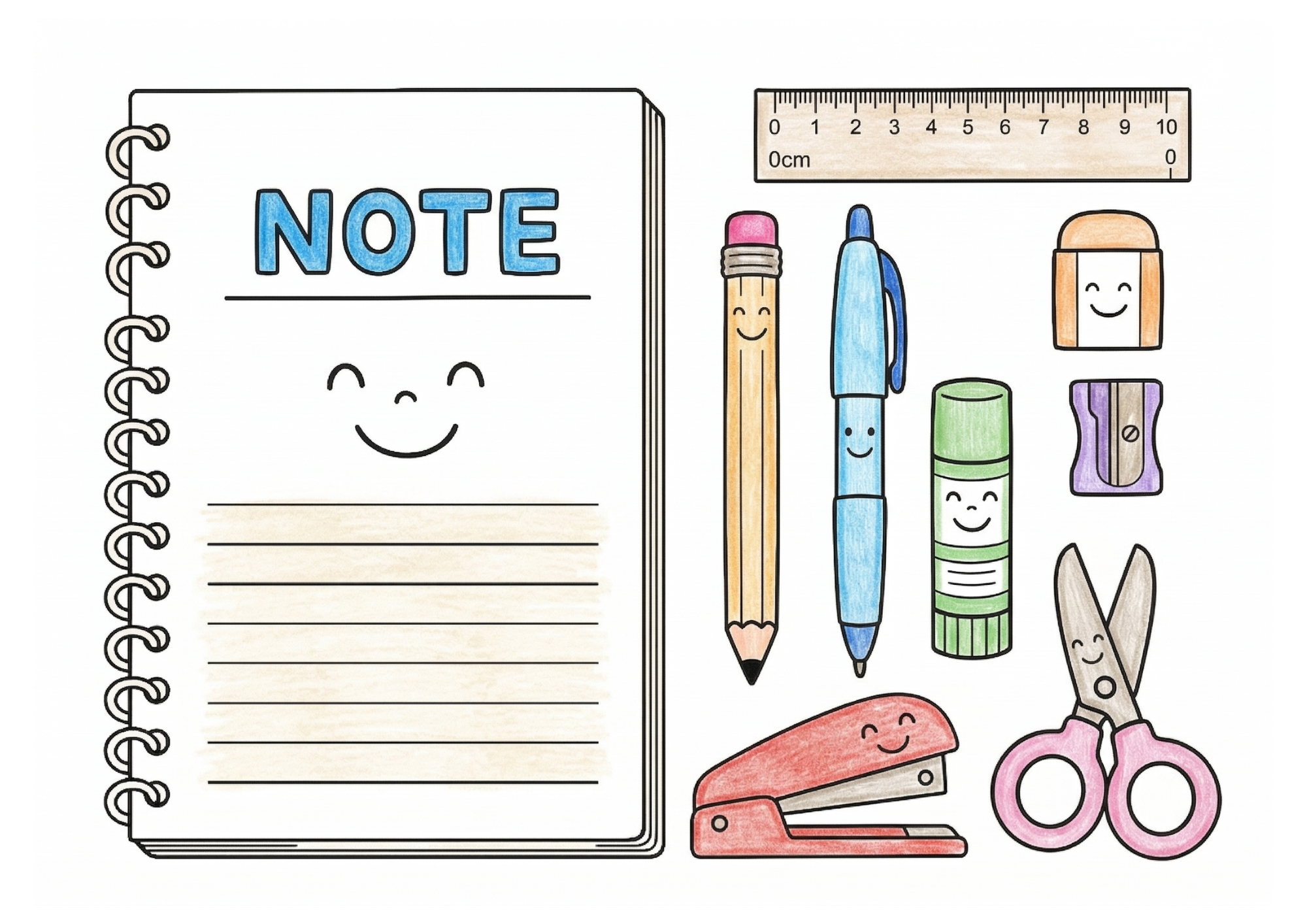 文房具の塗り絵 カラー見本 ノート・鉛筆・ペン・はさみ・のり・定規・消しゴム・ホチキス・鉛筆削り