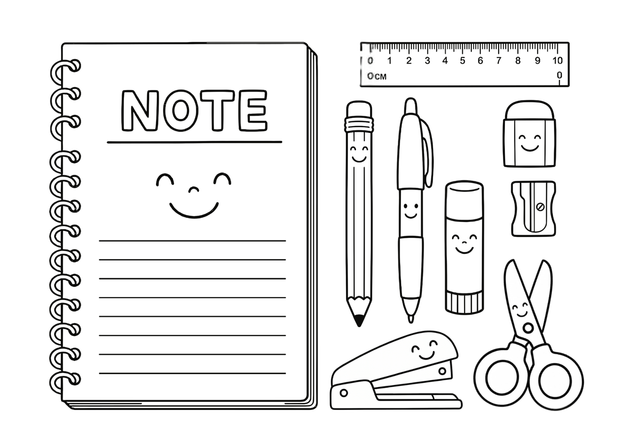 文房具の塗り絵 白黒線画 ノートや鉛筆などかわいい顔つきの文房具セット