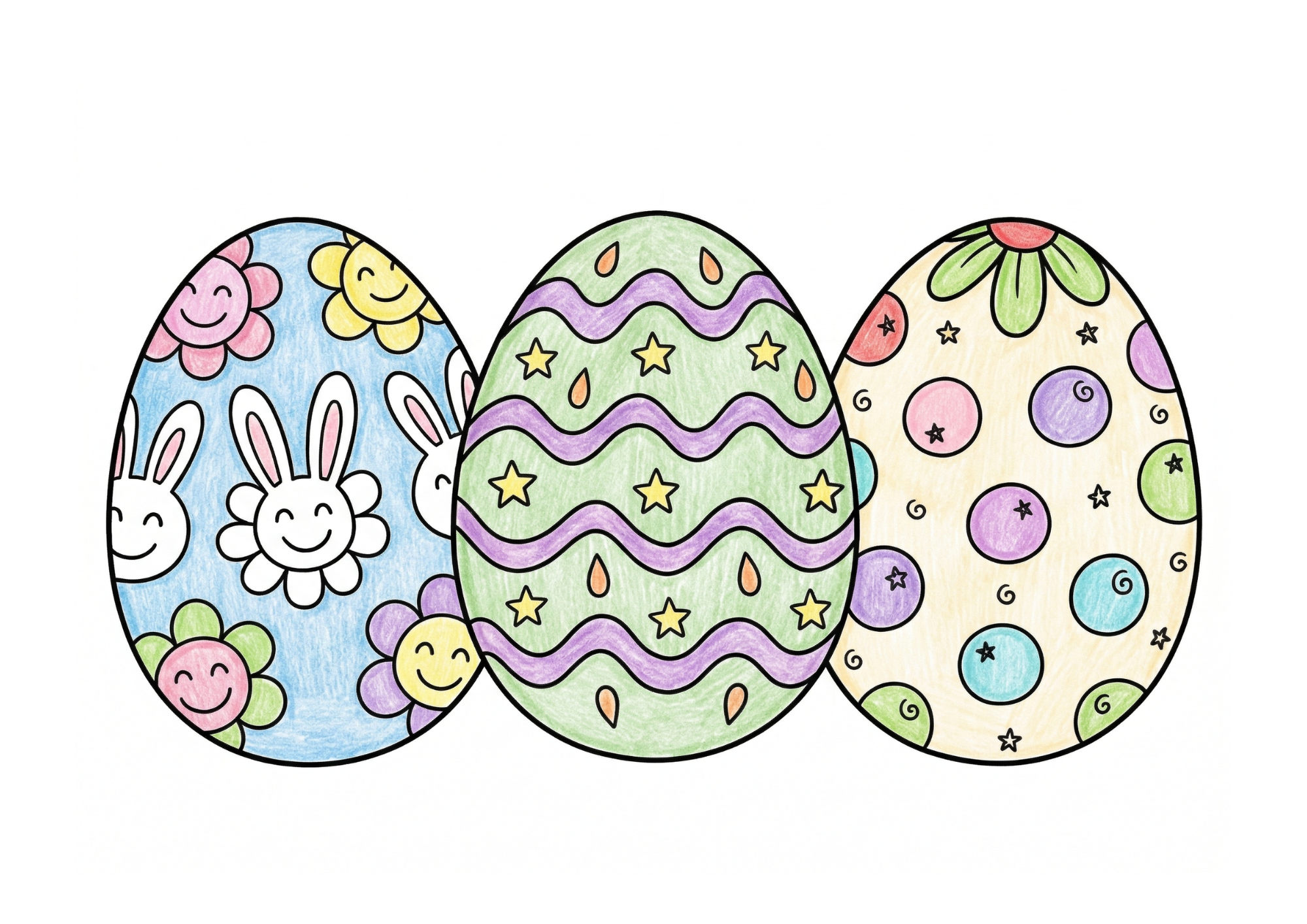 イースターエッグ3つの塗り絵 カラー見本 花・うさぎ・星・ドット柄のかわいい卵