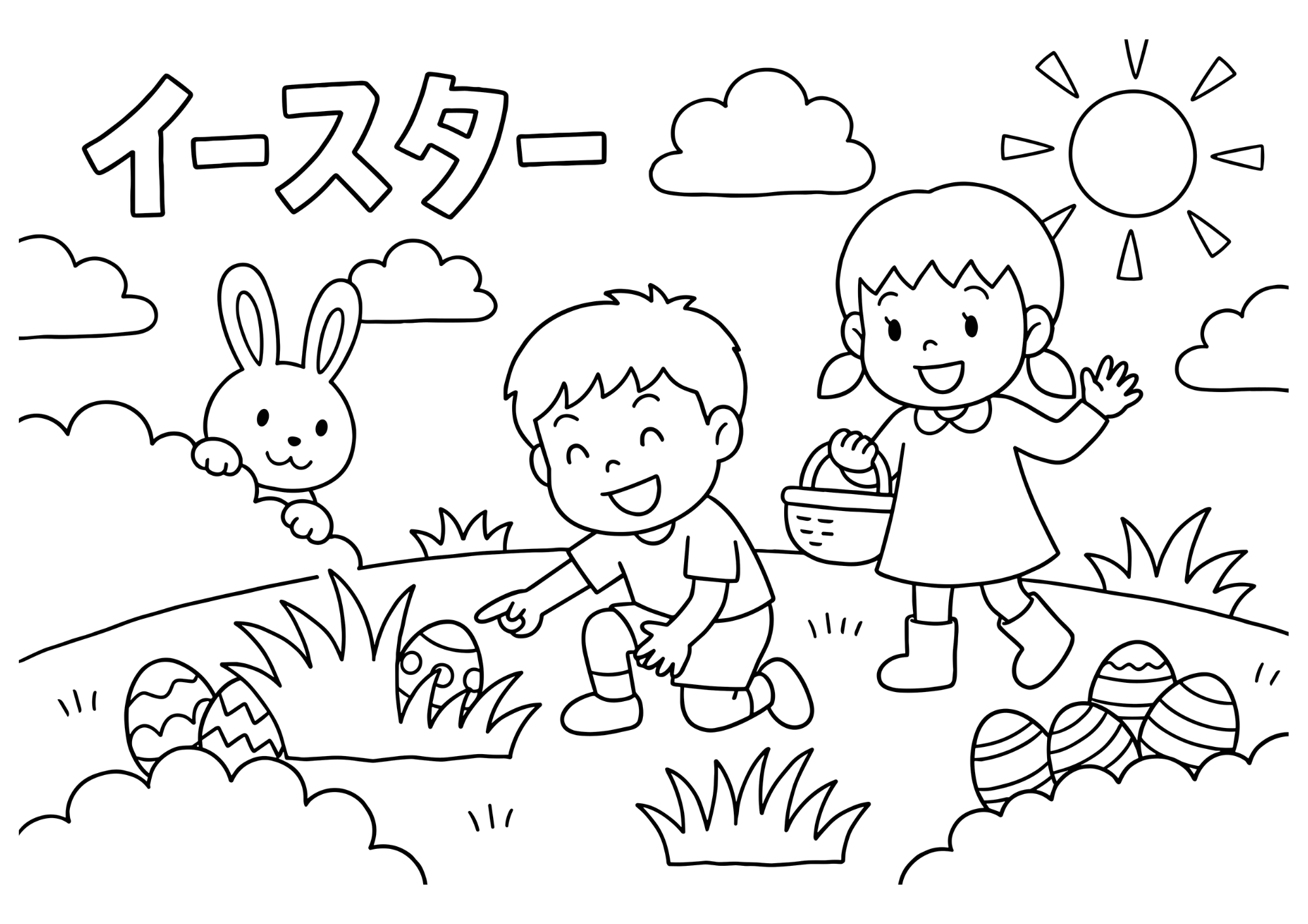 イースターエッグハントの塗り絵白黒、子供向け無料印刷用イラスト