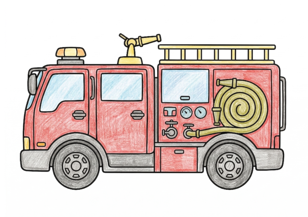 消防車の塗り絵カラー見本、はたらく車・ホース付き全体イラスト子供向け無料