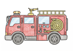 消防車の塗り絵カラー見本、はたらく車・ホース付き全体イラスト子供向け無料