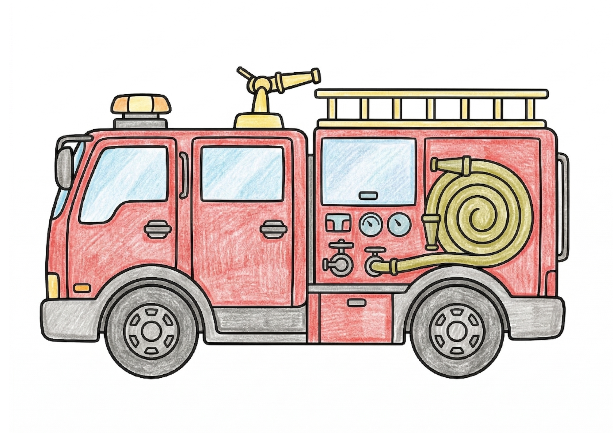 消防車の塗り絵カラー見本、はたらく車・ホース付き全体イラスト子供向け無料