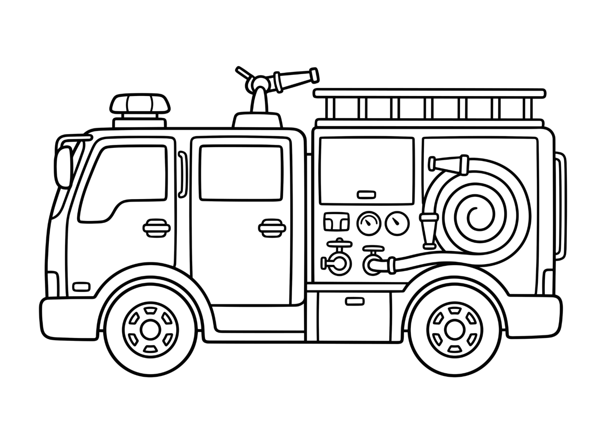 消防車の塗り絵白黒、はたらく車・壁面飾り用子供向け無料印刷