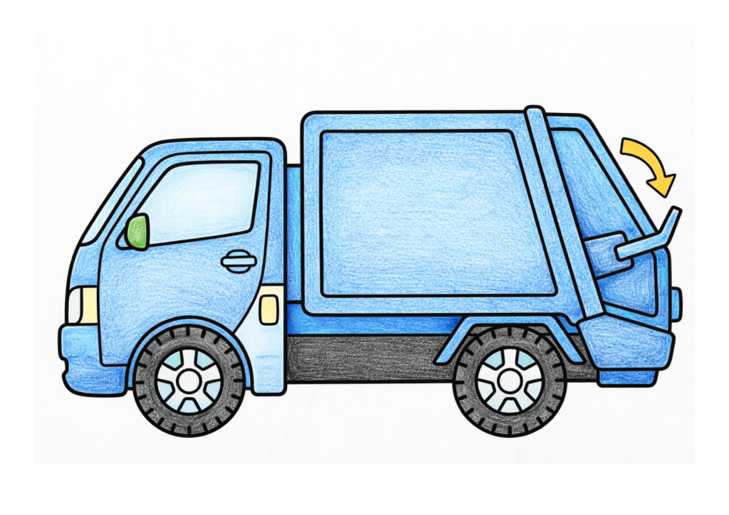 ゴミ収集車の塗り絵カラー見本、はたらく車・パッカー車の子供向け無料イラスト