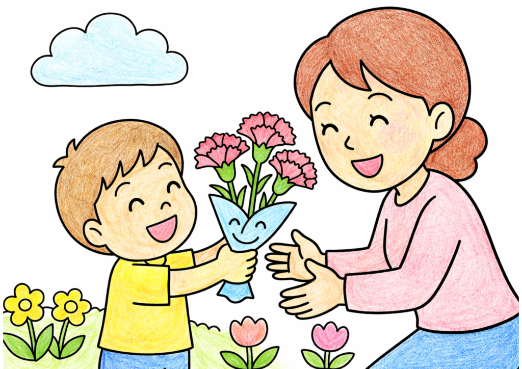 母の日にカーネーションを渡す子供の塗り絵 カラー見本