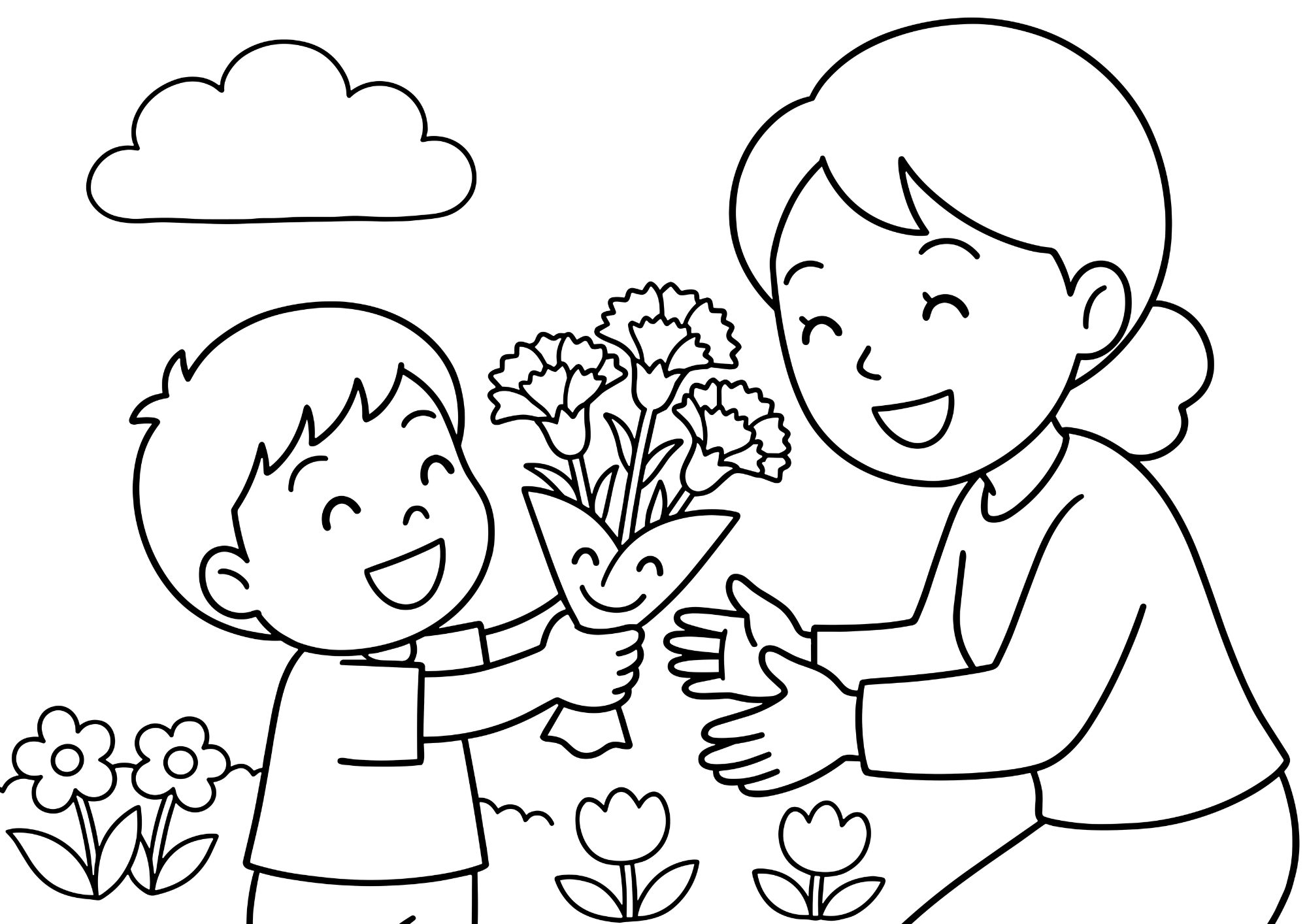 母の日にカーネーションを渡す子供の塗り絵 白黒