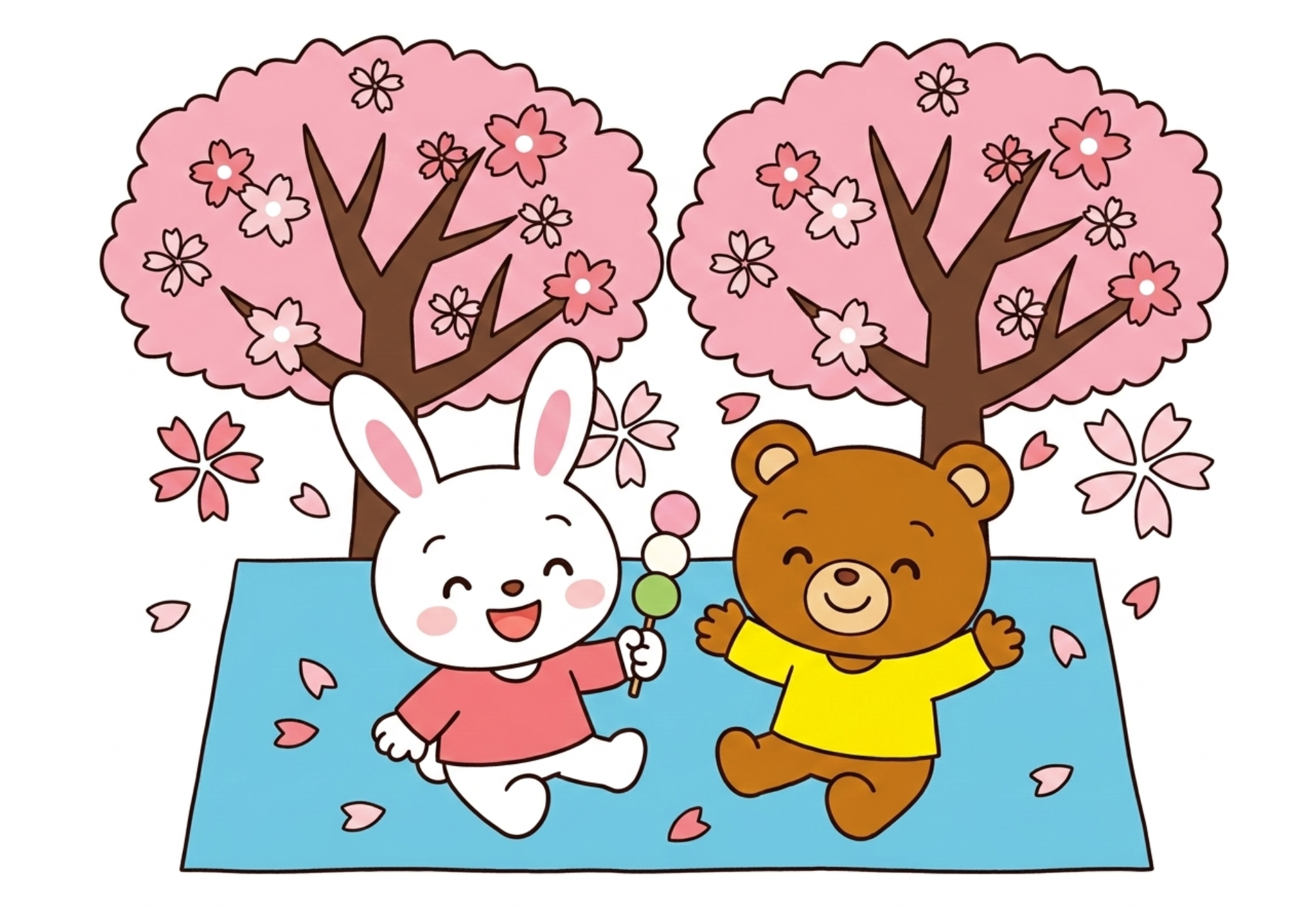 うさぎとくまのお花見ぬりえイラスト カラー見本 春の桜