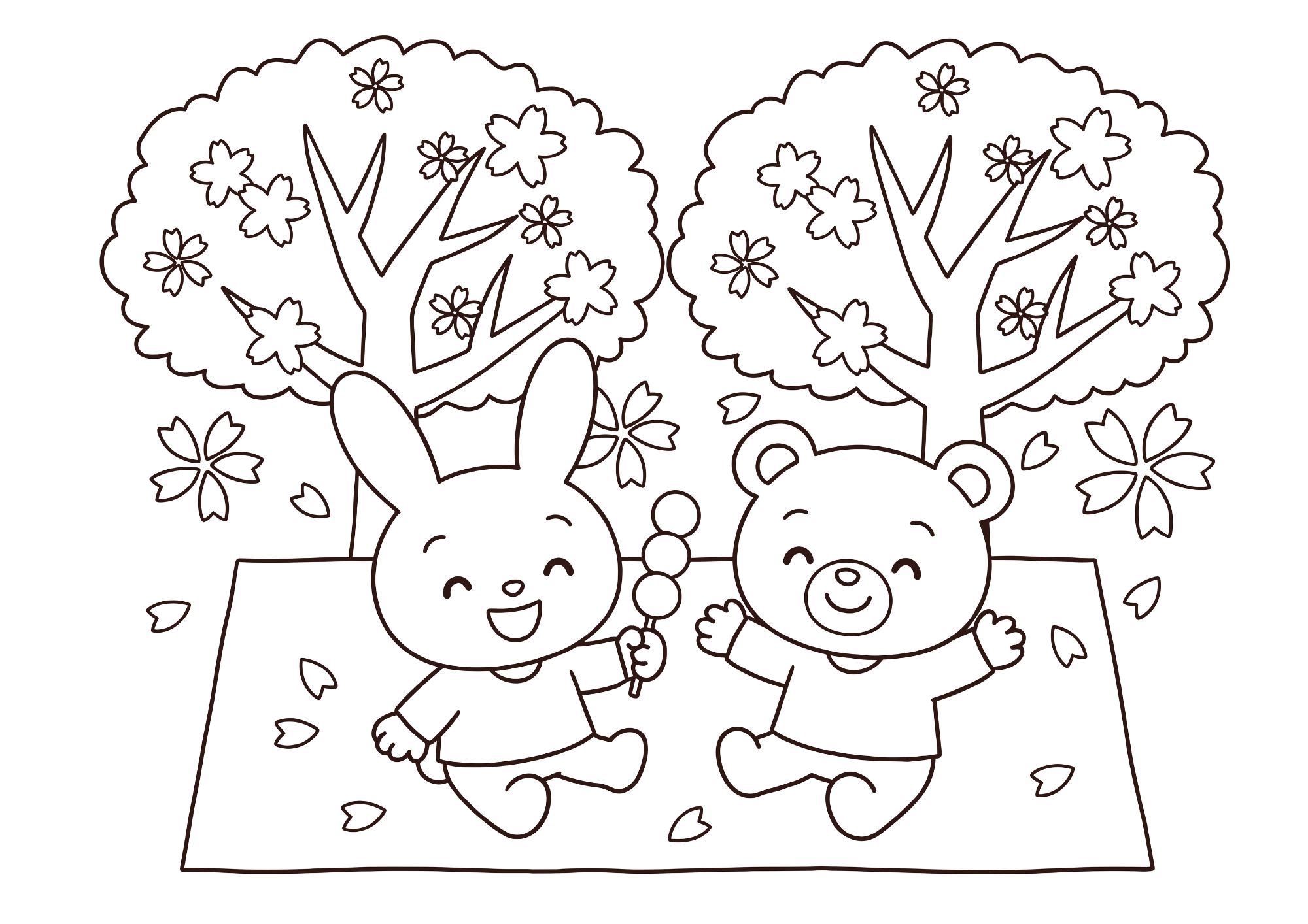 うさぎとくまのお花見ぬりえイラスト 白黒 無料ダウンロード 印刷用