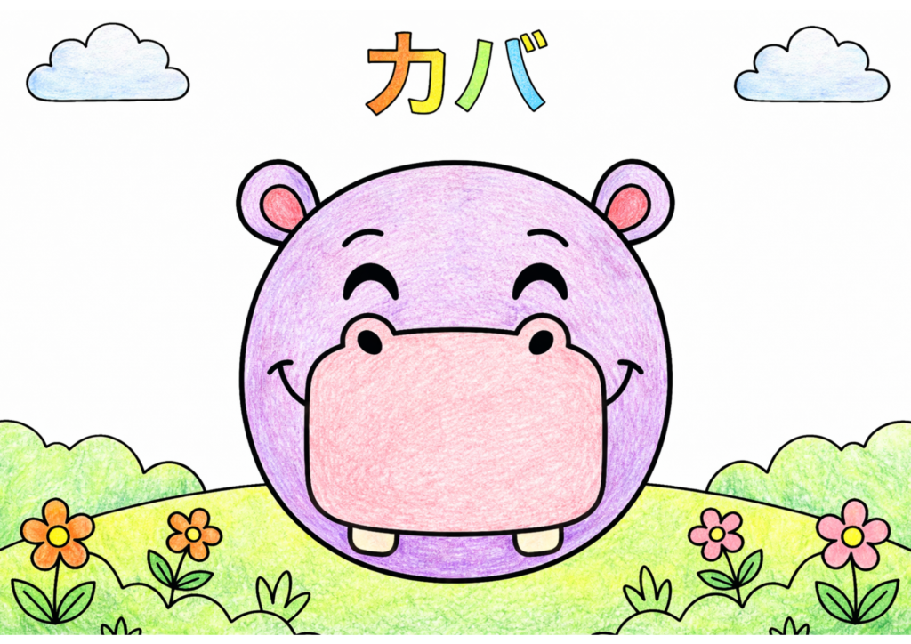 カバの塗り絵 子供向け かわいい カラー見本