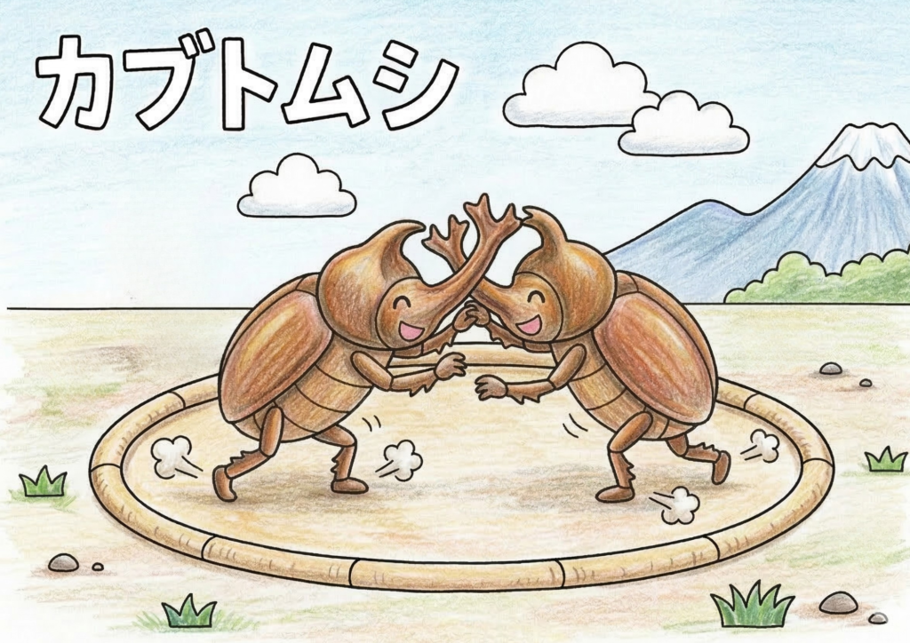 カブトムシの塗り絵イラスト 白黒 無料ダウンロード 印刷用 相撲 夏 子供向け