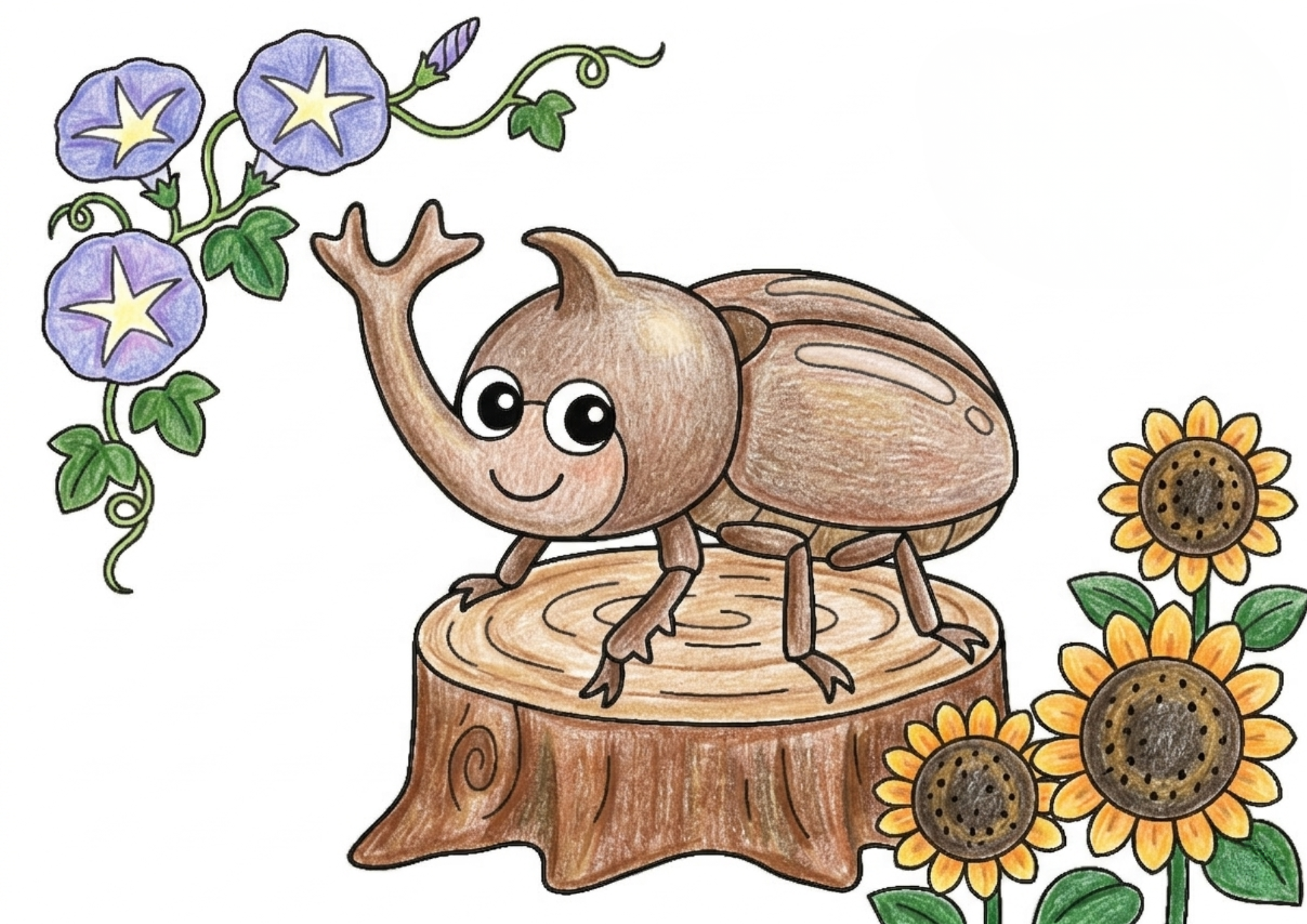 かわいいカブトムシの塗り絵イラスト カラー見本 ひまわりと朝顔と切り株