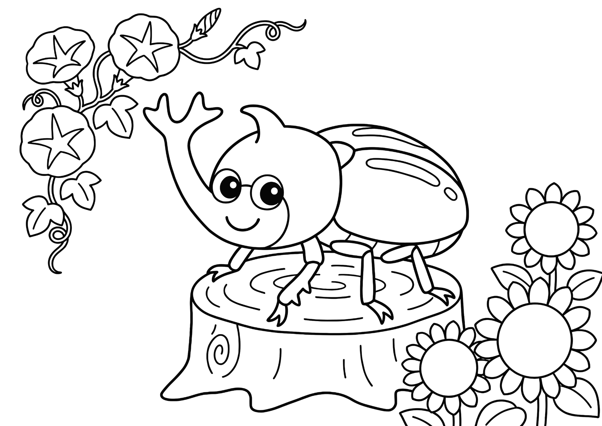 かわいいカブトムシの塗り絵イラスト 白黒 無料ダウンロード 印刷用