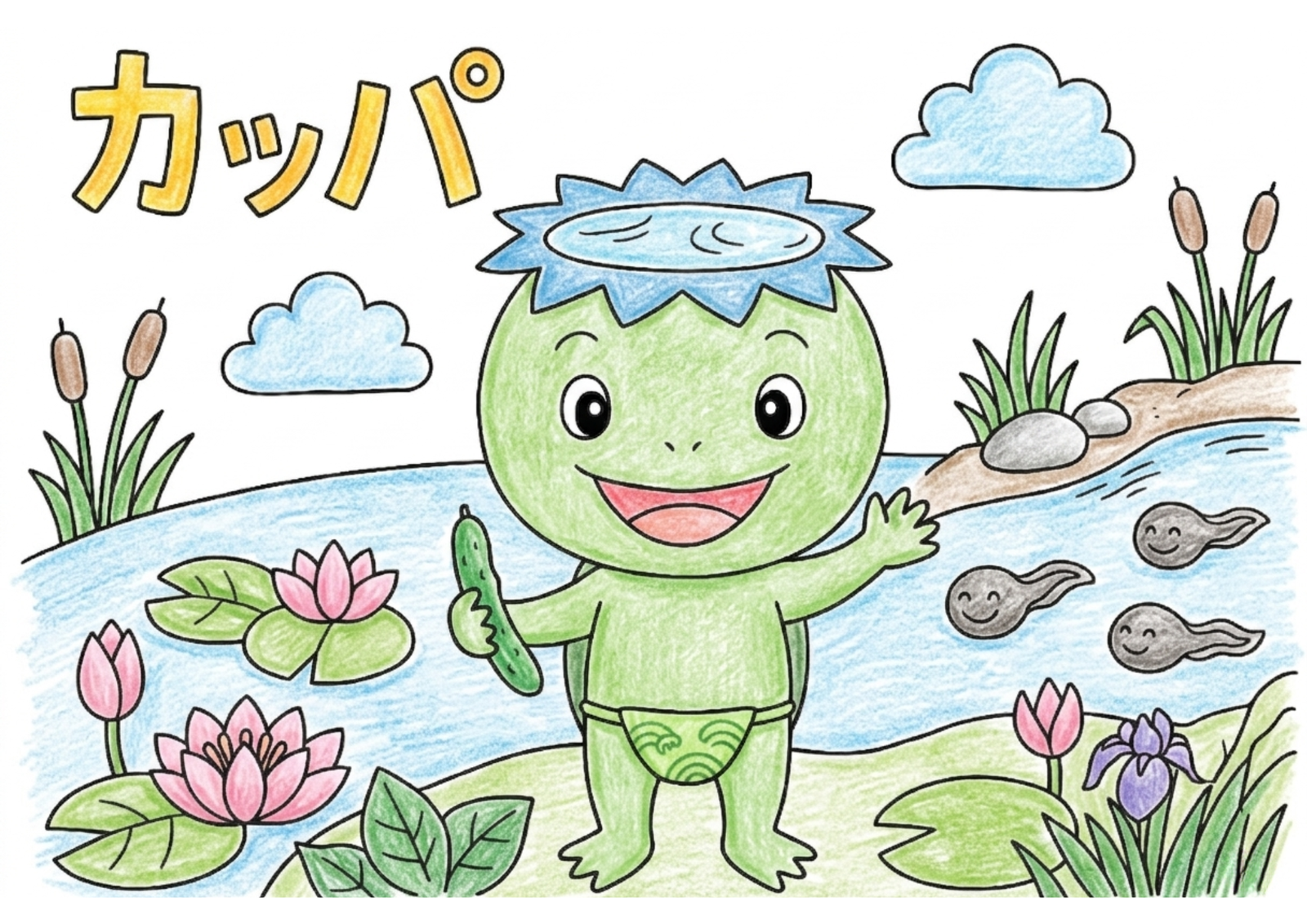河童（カッパ）がきゅうりを持って池に立っている塗り絵 カラー見本