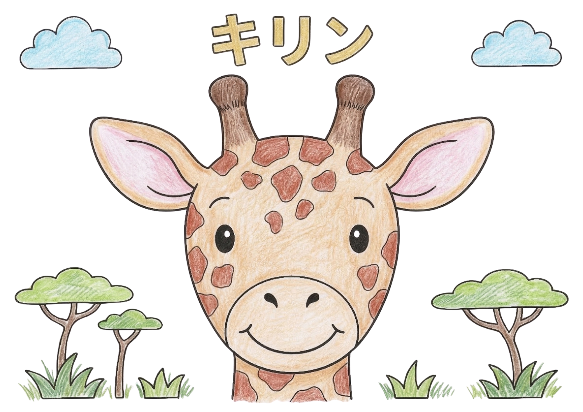 木の葉を食べるキリンの塗り絵カラー見本、全身イラスト子供向け