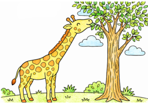 木の葉を食べるキリンの塗り絵カラー見本、全身イラスト子供向け無料