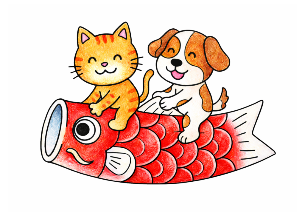 こいのぼりに乗るねこといぬの塗り絵イラスト 子供向け こどもの日 無料ダウンロード