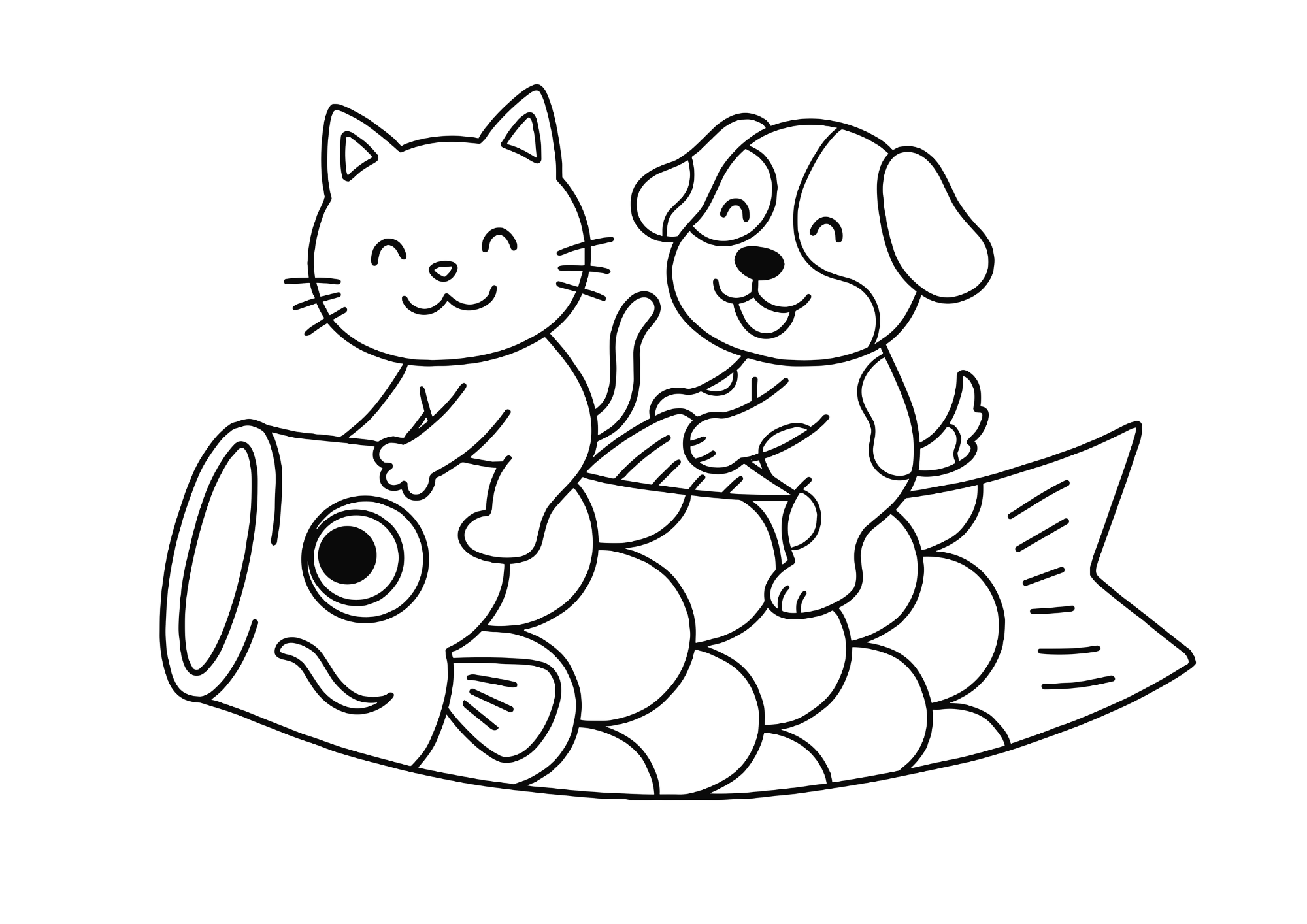 こいのぼりに乗るねこといぬの塗り絵イラスト 白黒 無料ダウンロード 印刷用